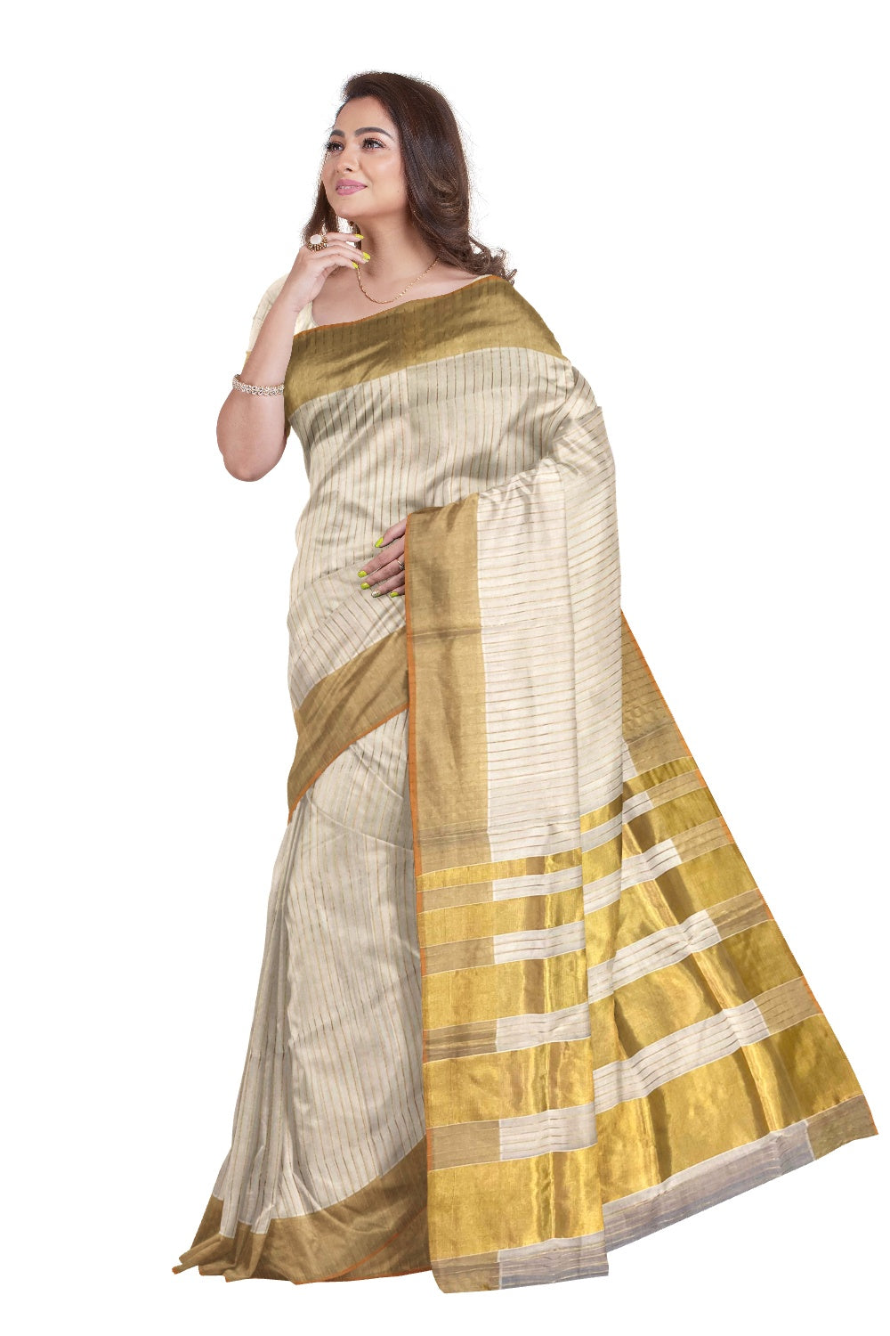 Southloom™ Handloom Kasavu Saree with Golden Kasavu Stripes on Body