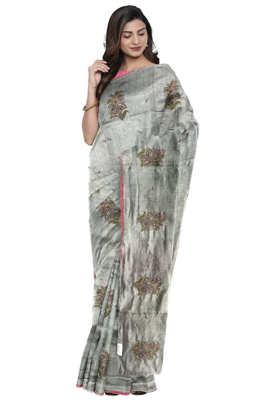 Southloom Manipuri Silk Grey Designer Saree with Bead work