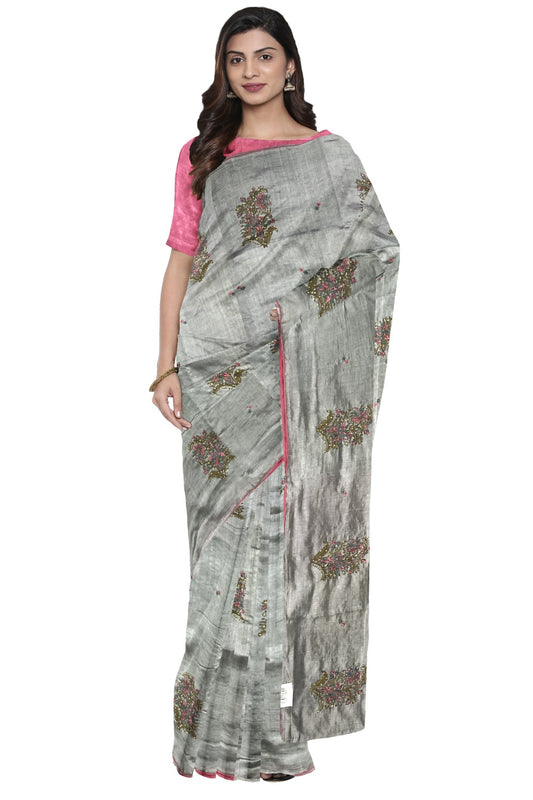 Southloom Manipuri Silk Grey Designer Saree with Bead work