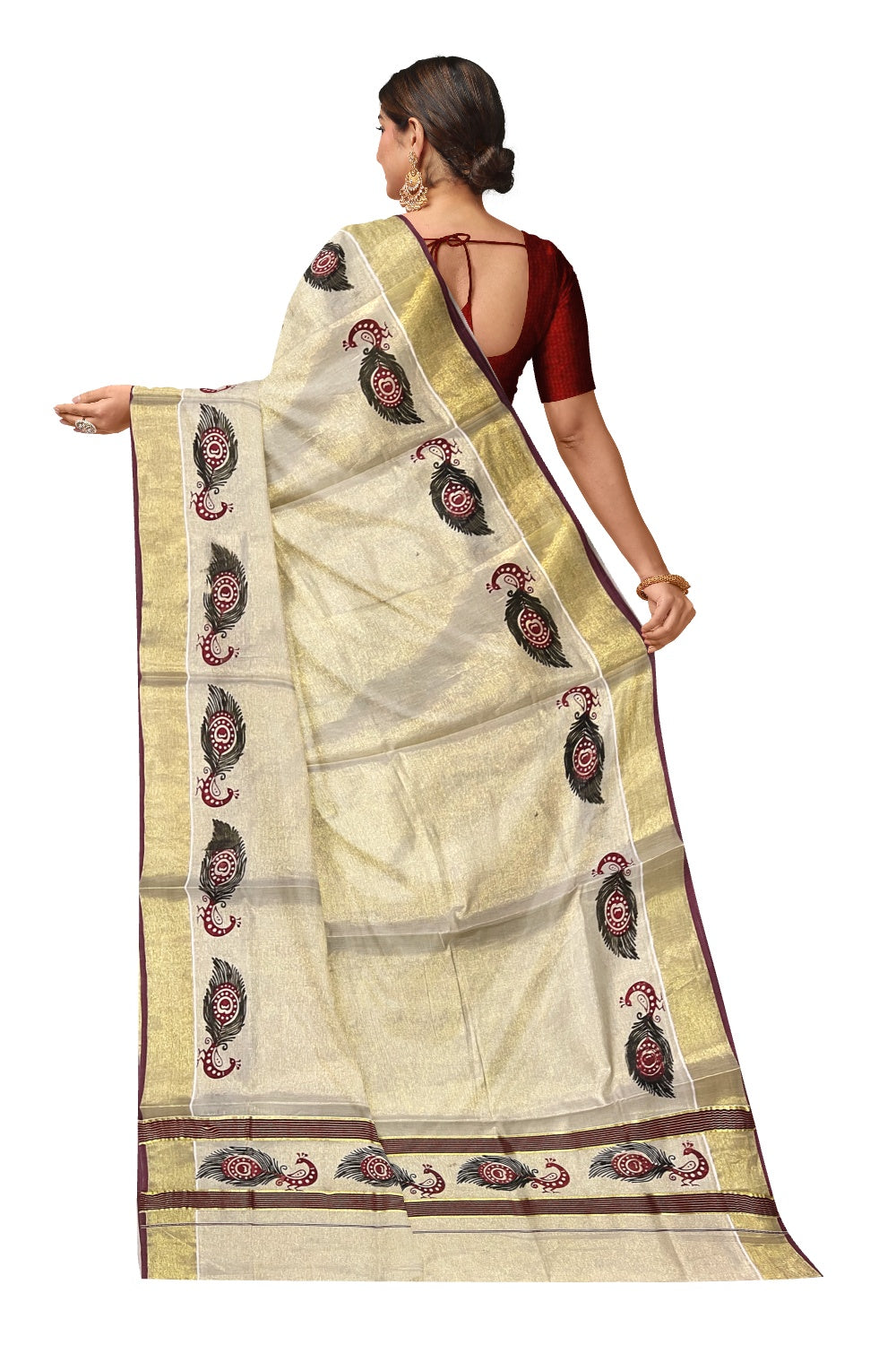 Kerala Tissue Saree with Maroon and Black Peacock Block Printed Design