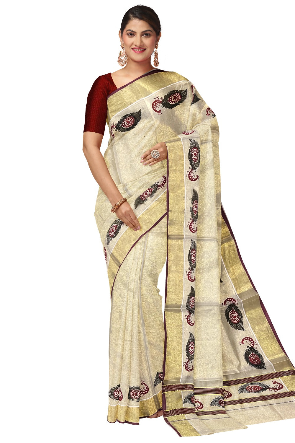 Kerala Tissue Saree with Maroon and Black Peacock Block Printed Design