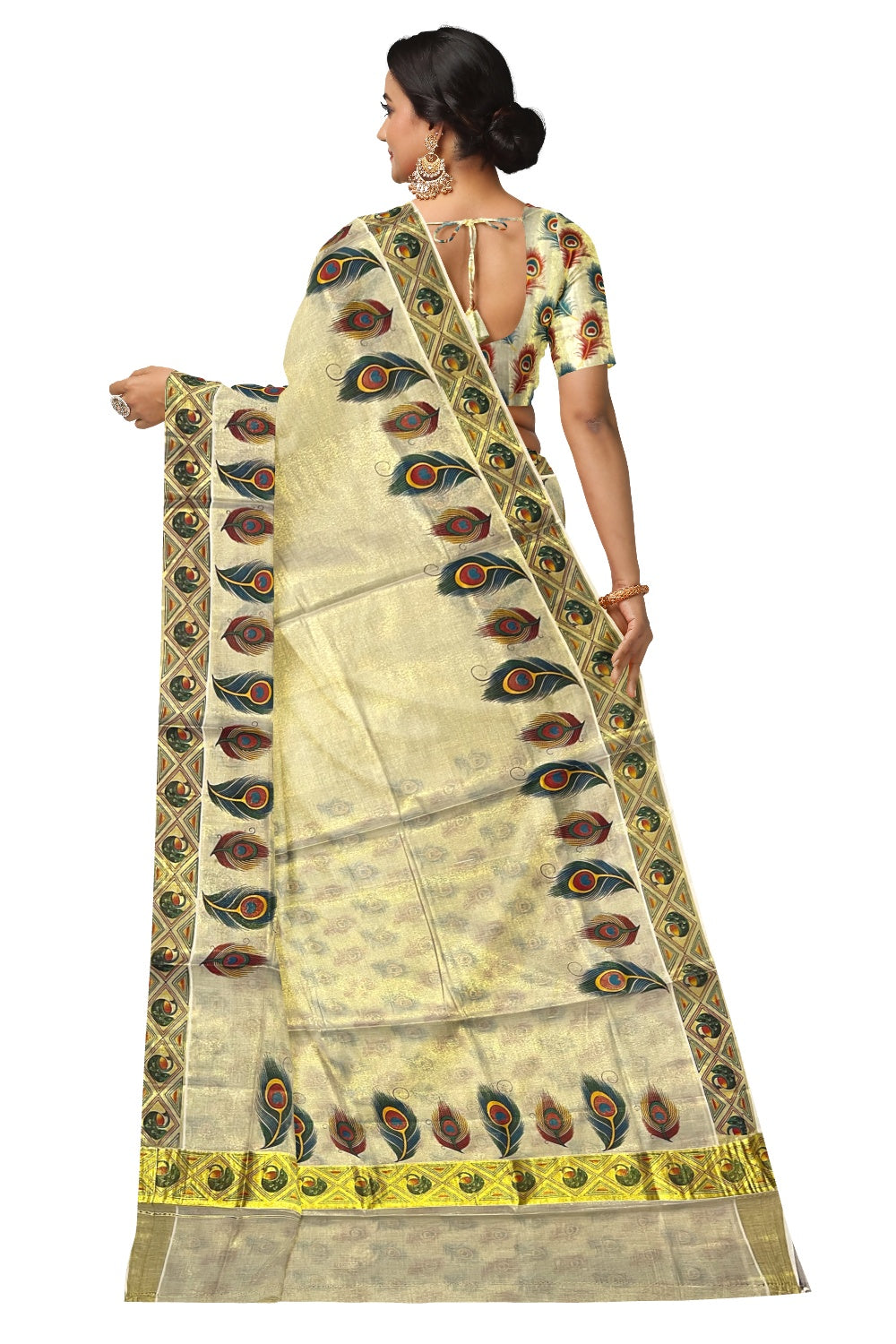 Kerala Tissue Kasavu Saree with Mural Feather Prints and Printed Blouse Piece