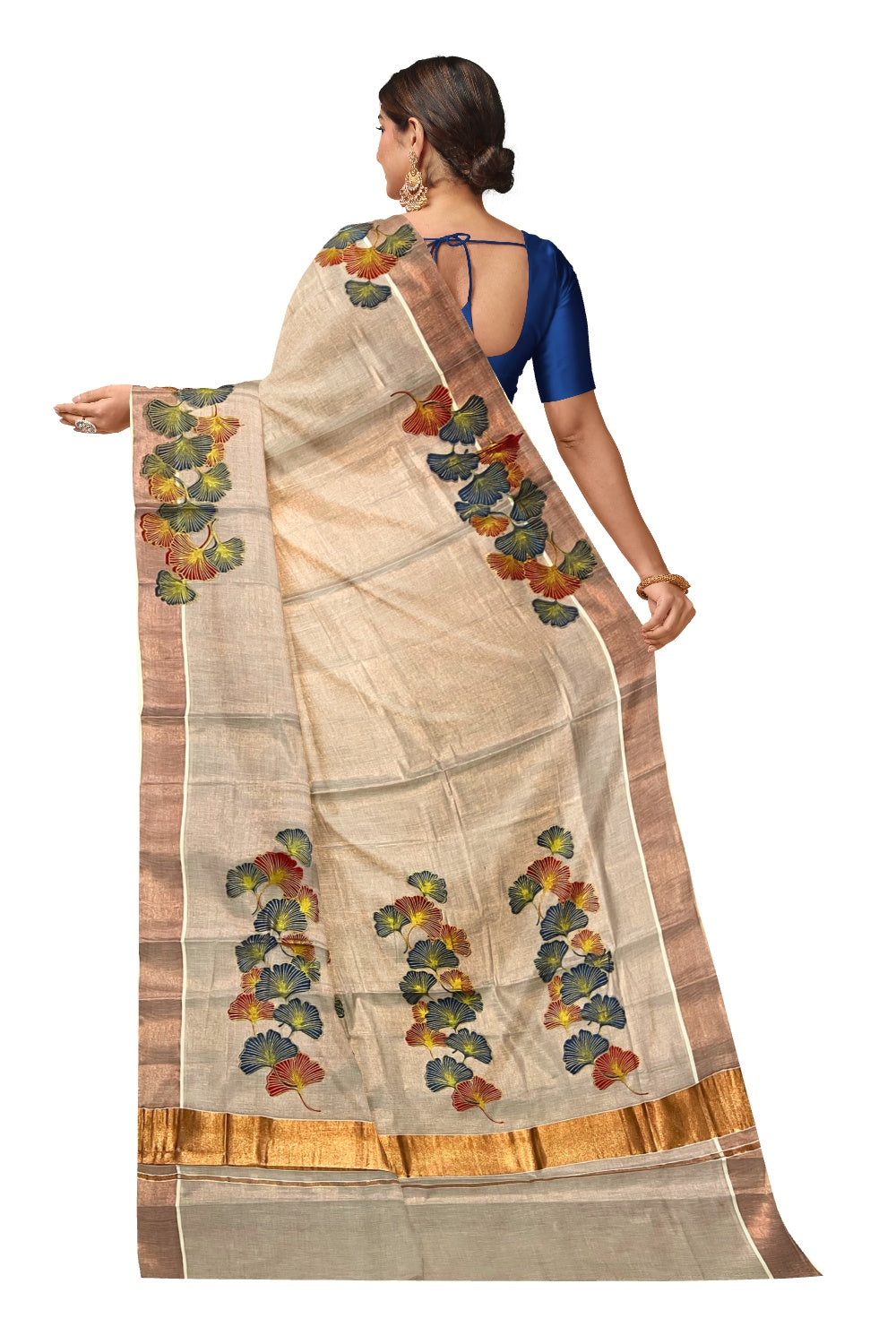 Kerala Copper Tissue Kasavu Saree With Mural Printed Blue and Red Floral Design