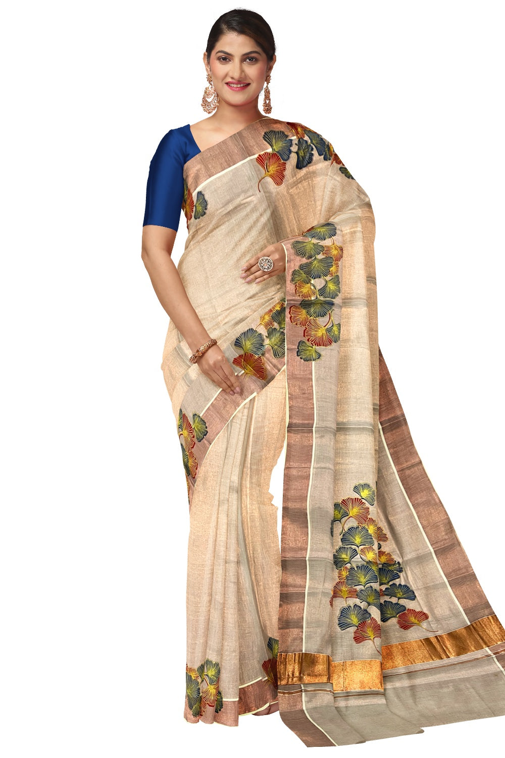 Kerala Copper Tissue Kasavu Saree With Mural Printed Blue and Red Floral Design