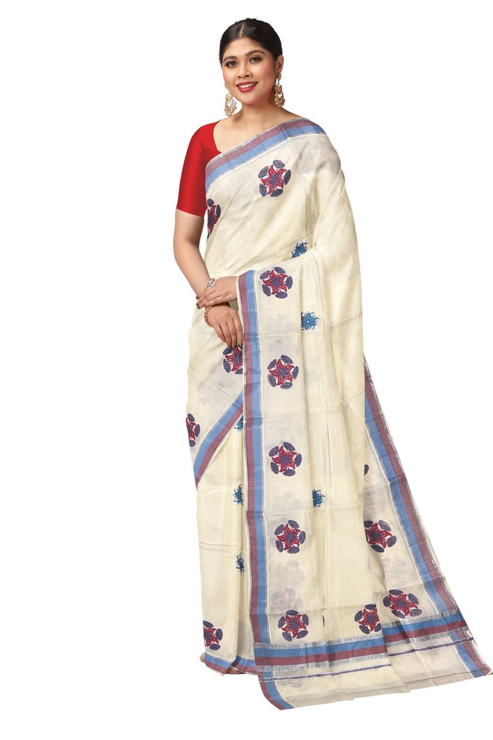 Pure Cotton Kerala Silver Kasavu and Red Blue Border Saree with Floral Block Prints