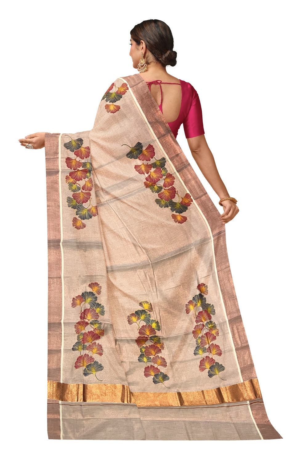 Kerala Copper Tissue Kasavu Saree With Mural Printed Black and Red Floral Design