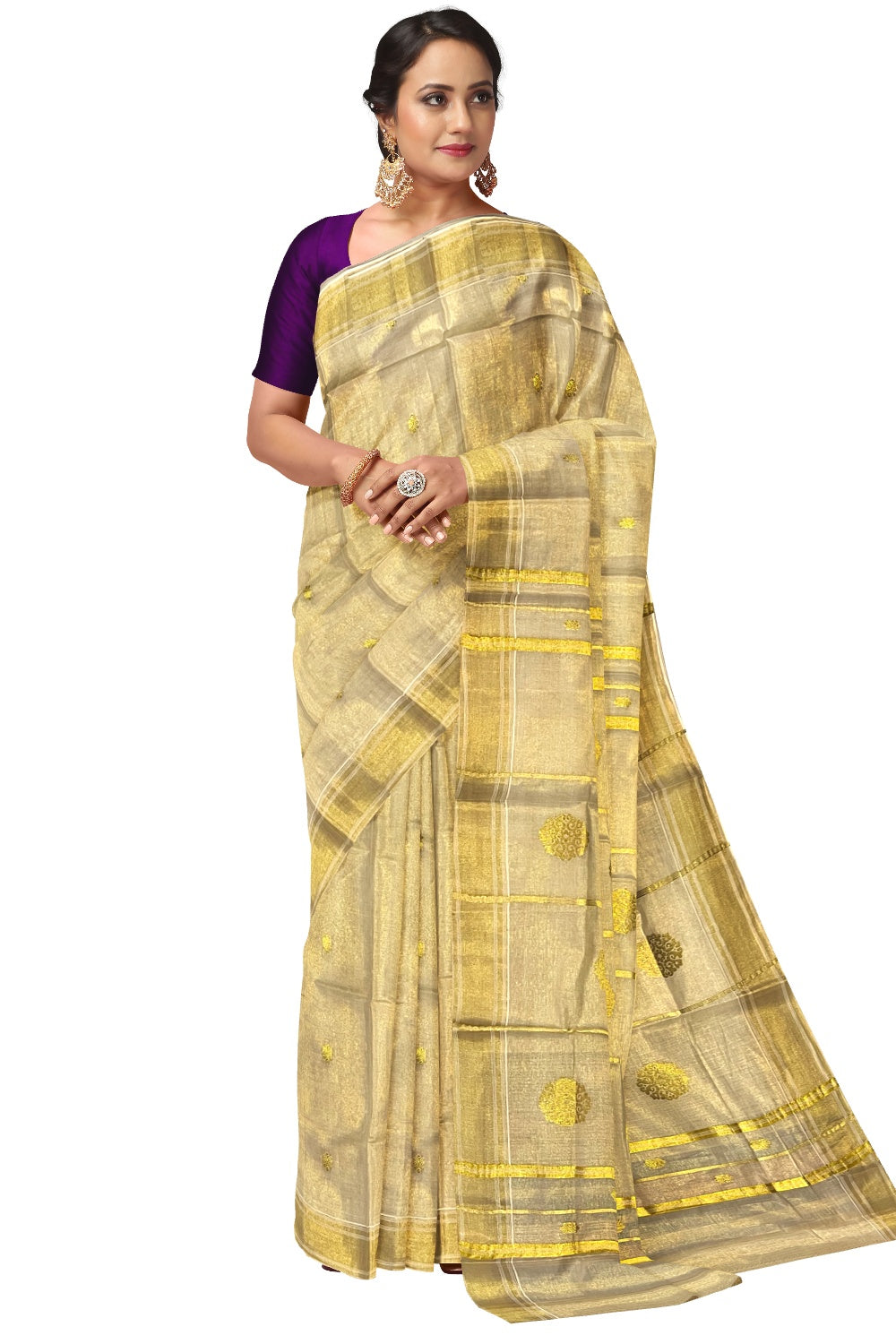 Kerala Tissue Heavy Work Saree with Floral Kasavu Patterns and Tassels on pallu