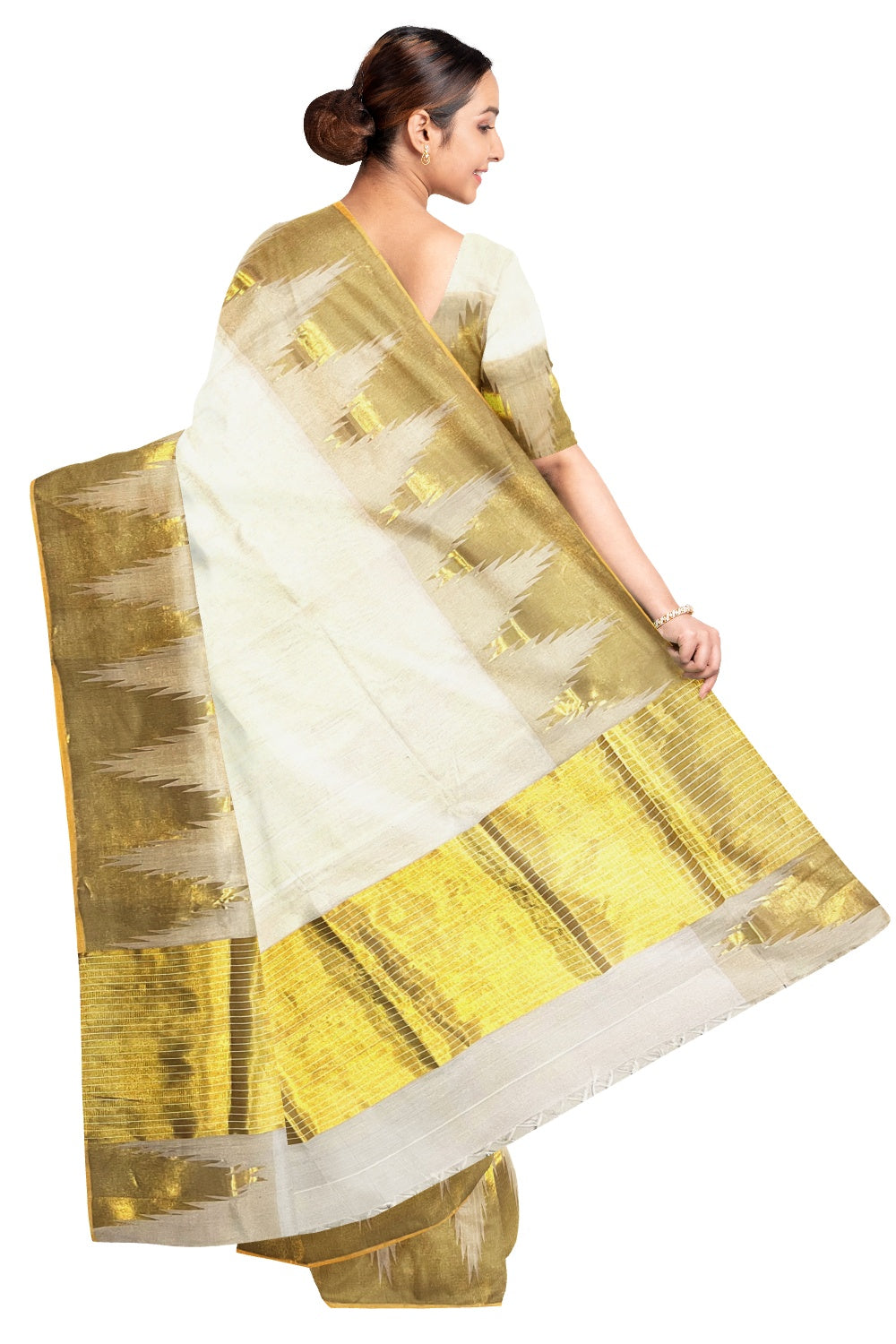 Southloom™ Original Handloom Kasavu Cotton Saree with Unique Temple Design Border