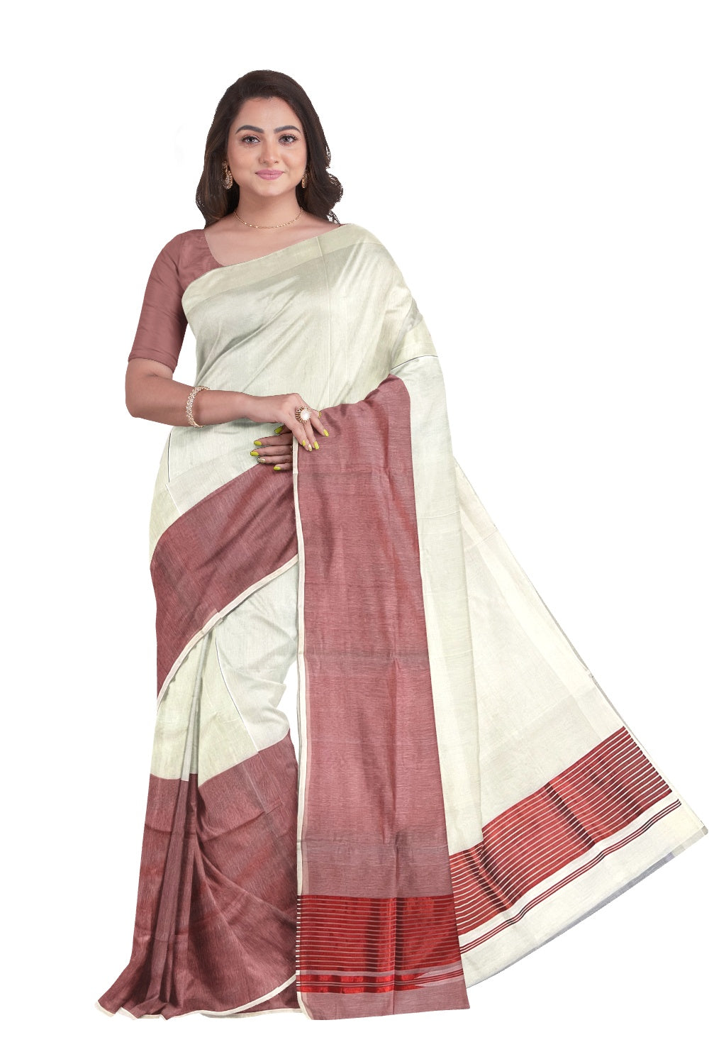 Southloom™ Premium Handloom Half & Half (Cotton / Tissue) Kerala Saree with Dark Red Kasavu Pallu