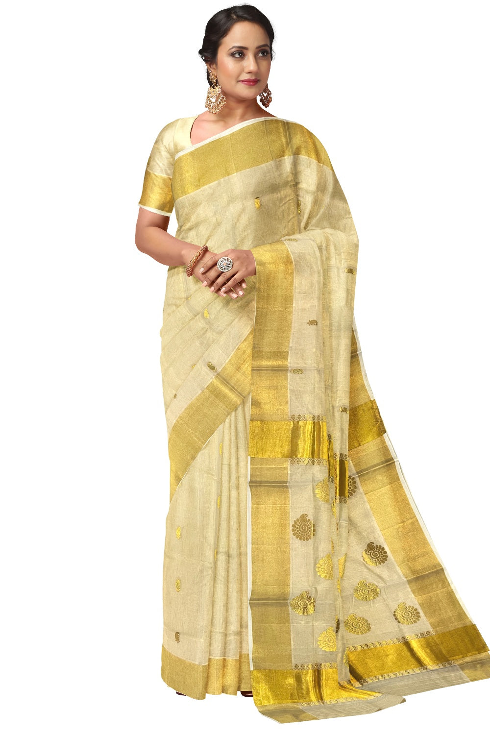 Southloom™ Premium Handloom Kasavu Tissue Handwoven Floral Heavy Work Saree