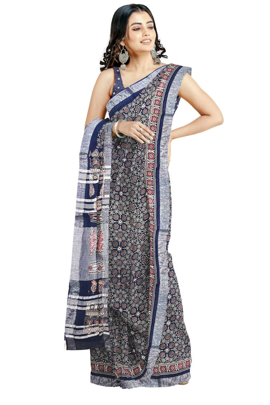 Southloom Linen Designer Saree with Ajrakh Prints on Dark Blue Body and Tassels on Pallu