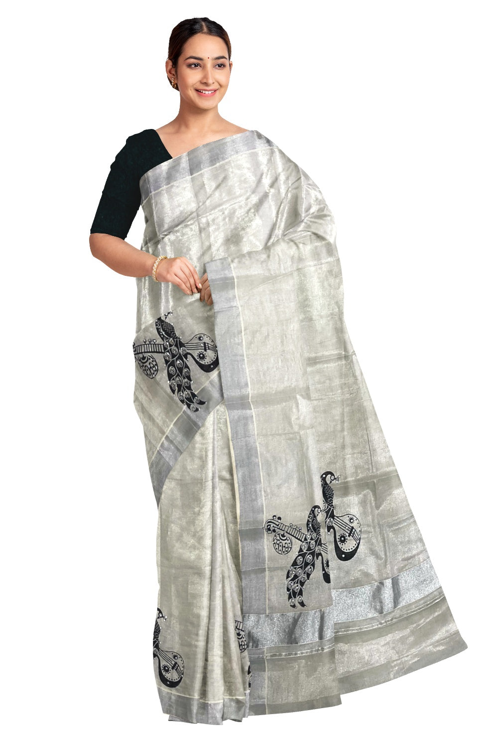 Kerala Silver Tissue Kasavu Saree With Mural Peacock Bead Work