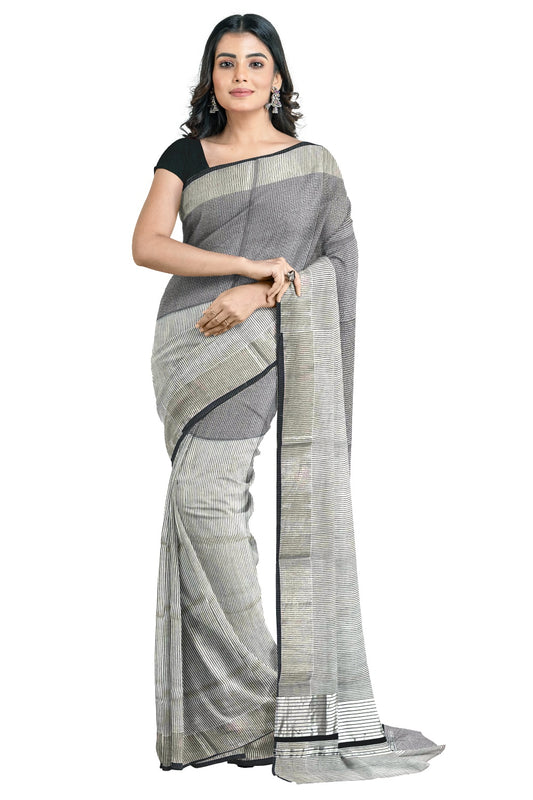 Southloom Handloom Silver Kasavu Saree with Black Stripes and Checks