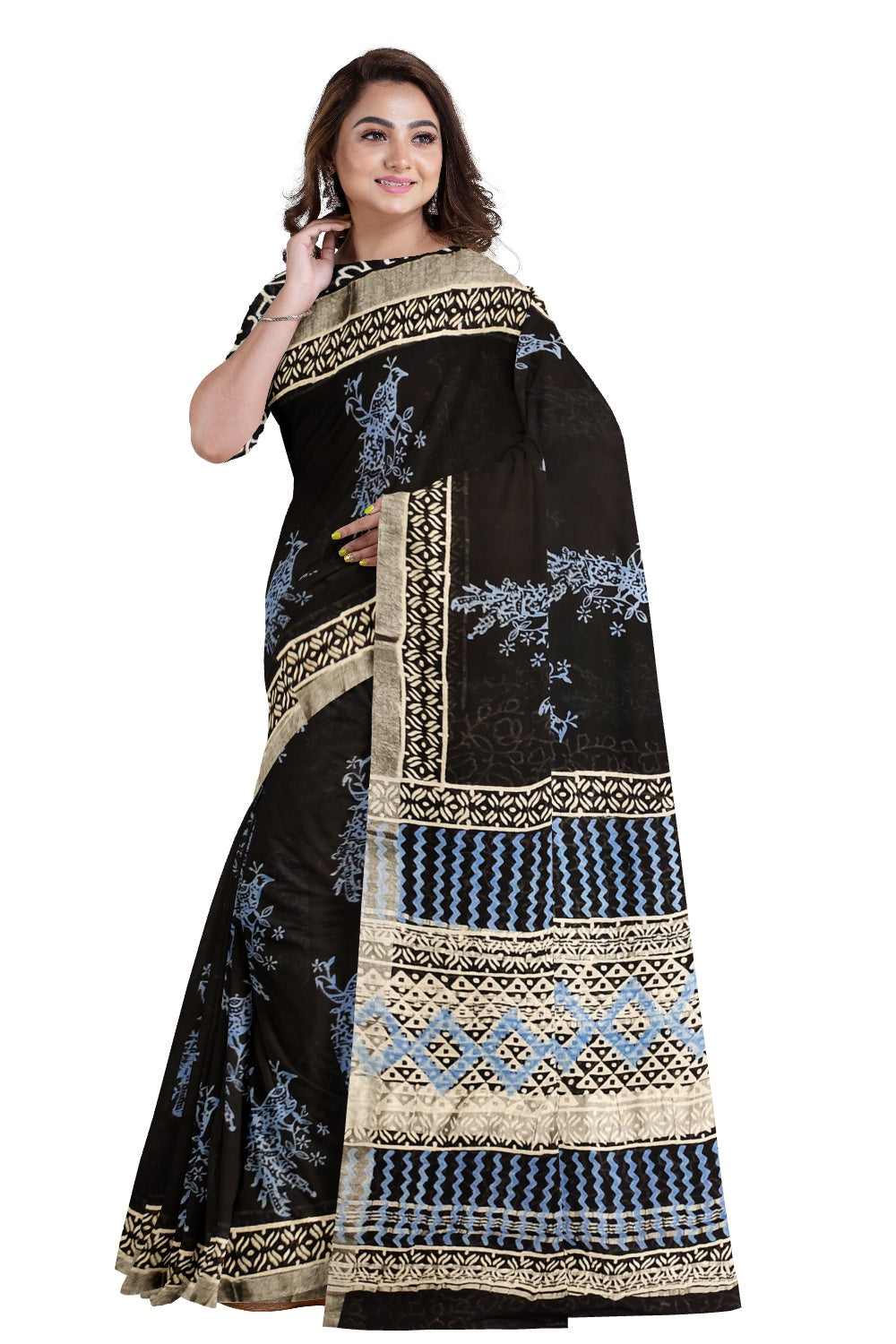 Southloom Linen Black and Blue Designer Saree