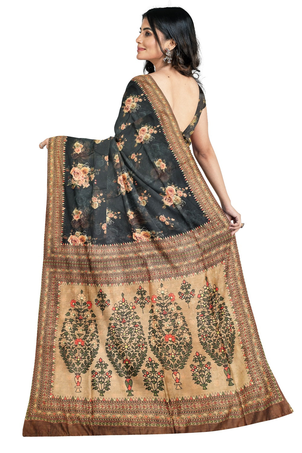 Southloom Semi Silk Black and Brown Floral Designer Saree