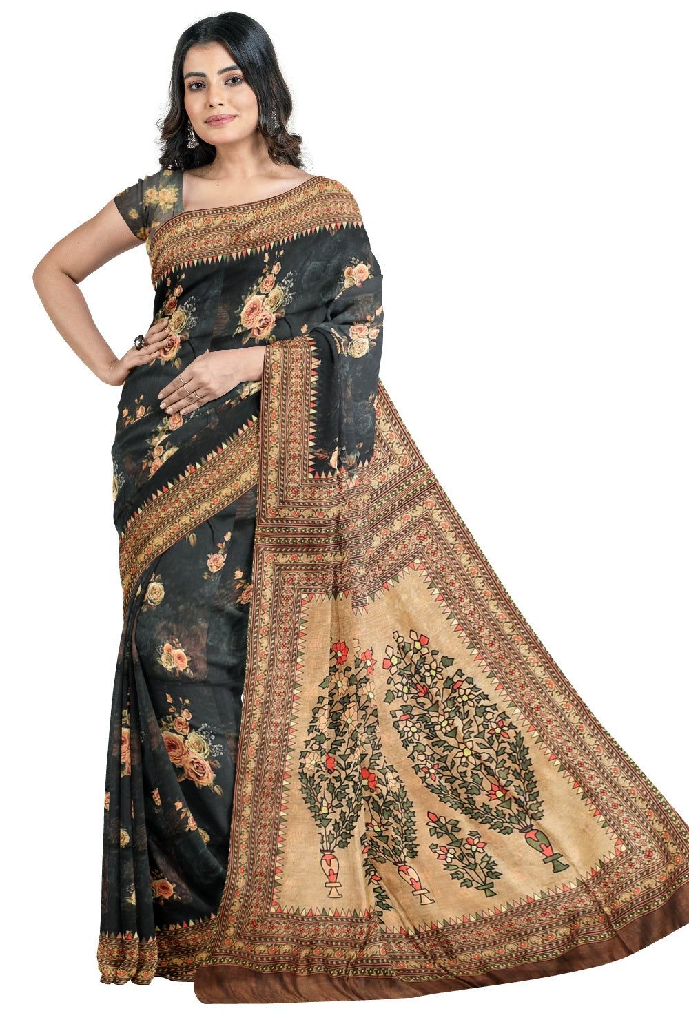 Southloom Semi Silk Black and Brown Floral Designer Saree