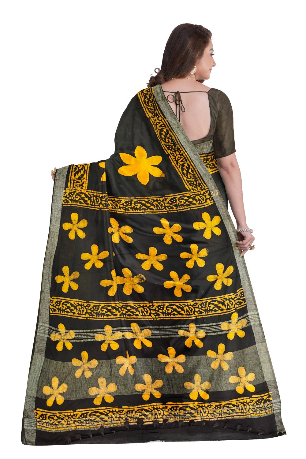 Southloom Linen Black and Orange Designer Saree