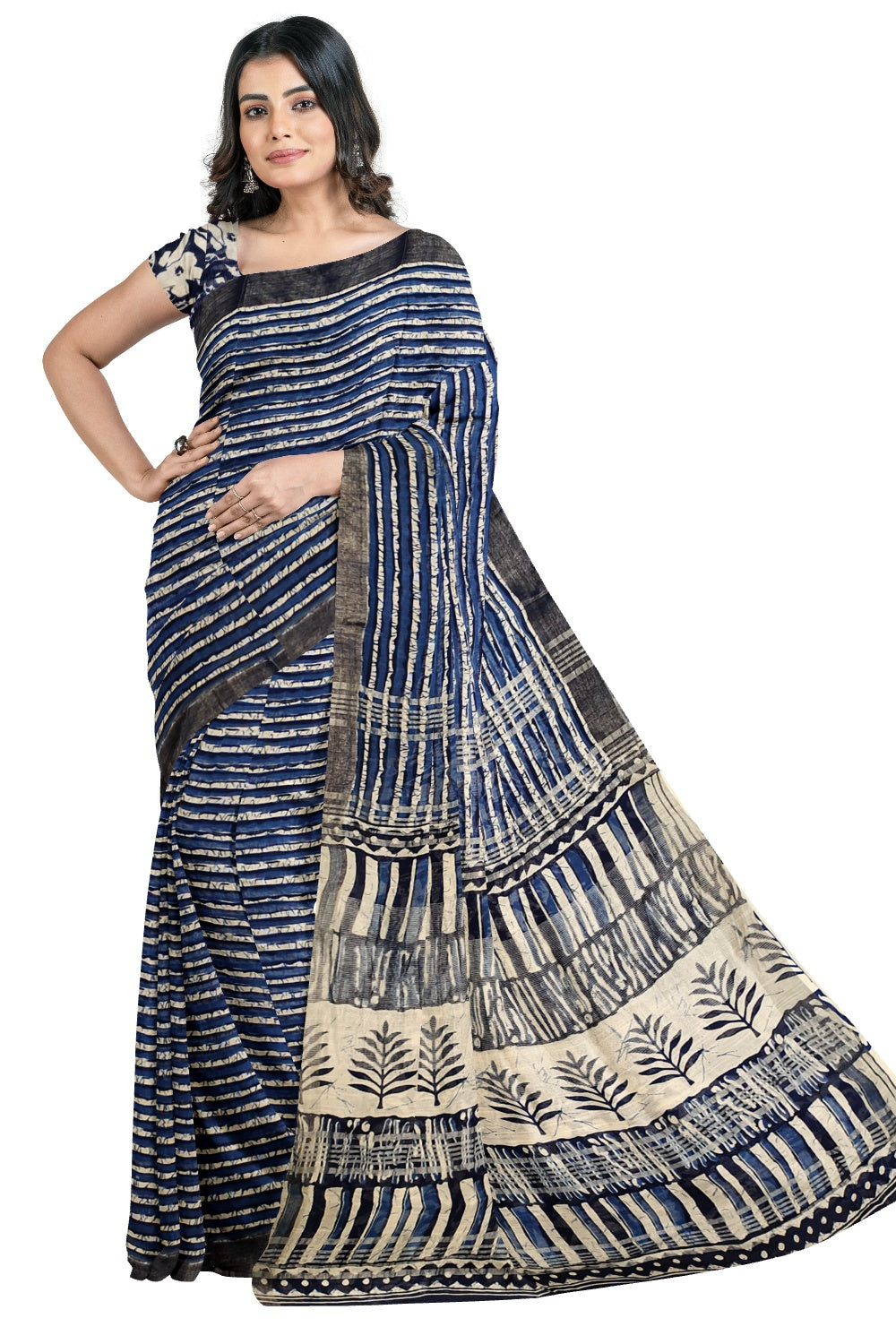 Southloom Linen Blue and White Designer Saree