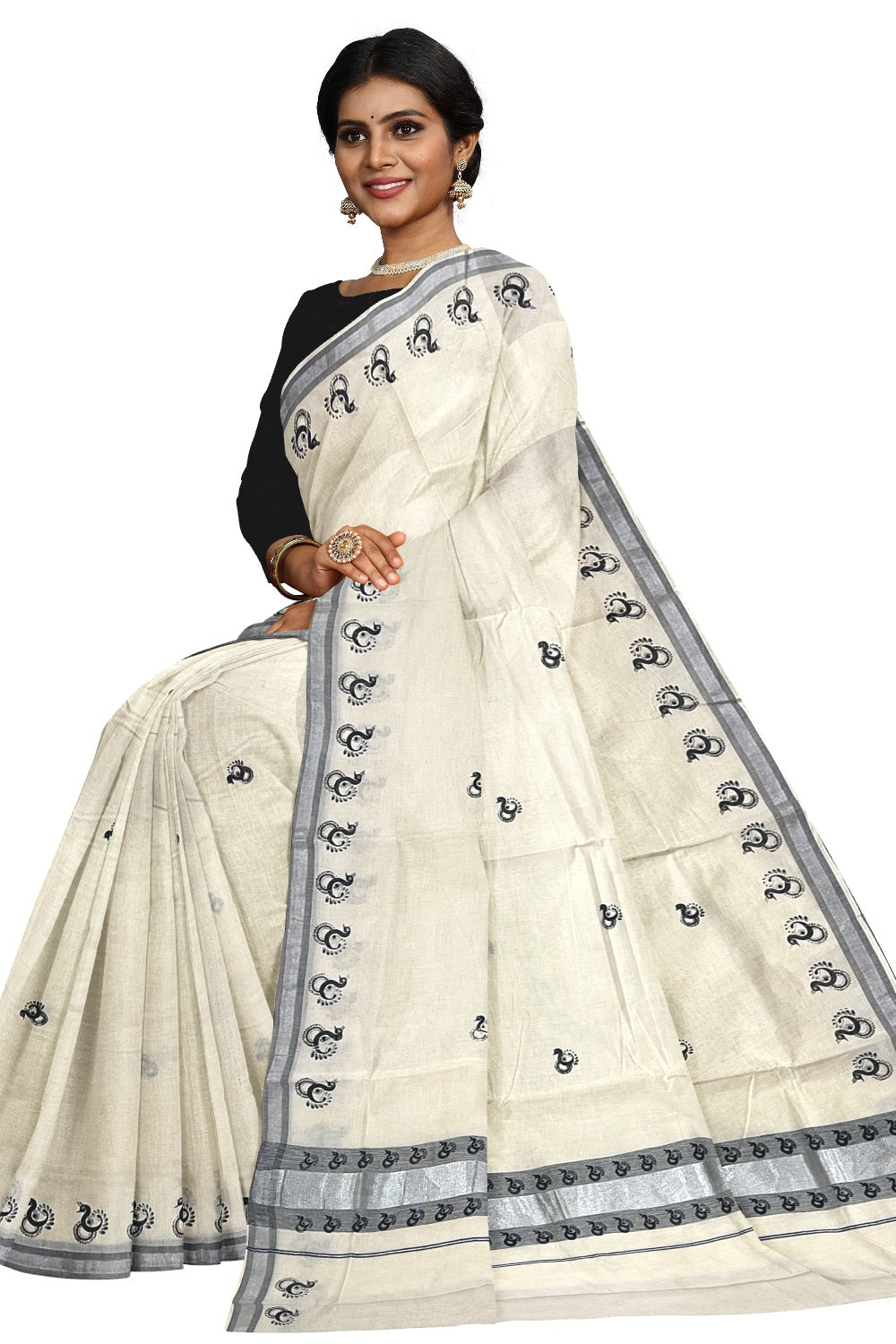 KERALA KASAVU SAREE-Silver,printed – Vrindha Lifestyle