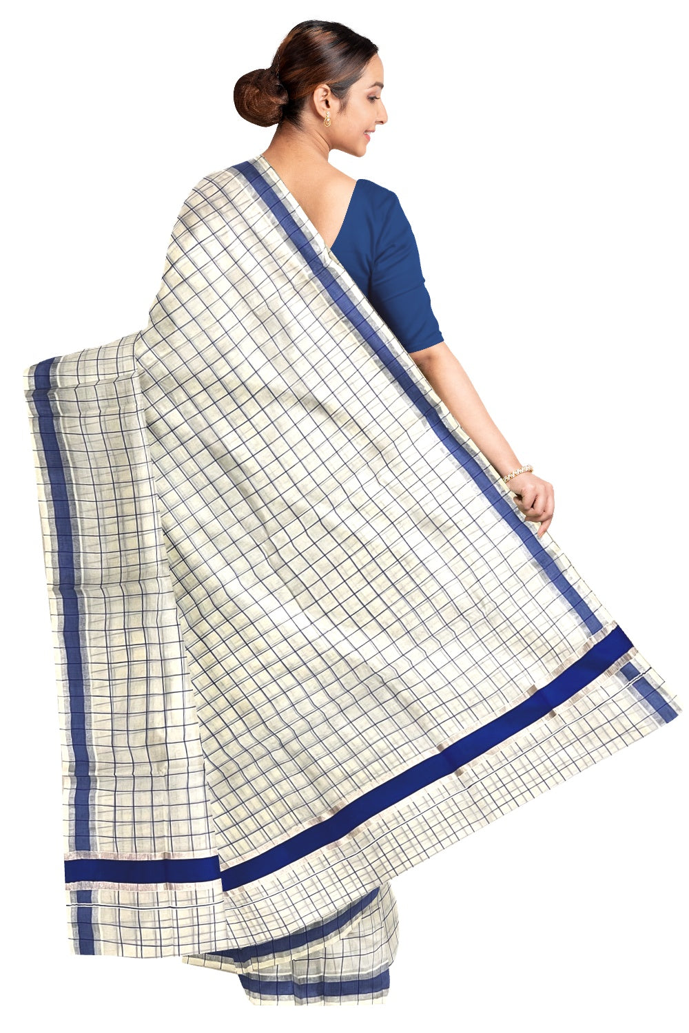 Pure Cotton Kerala Blue Checkered Saree with Silver Kasavu and Blue Border