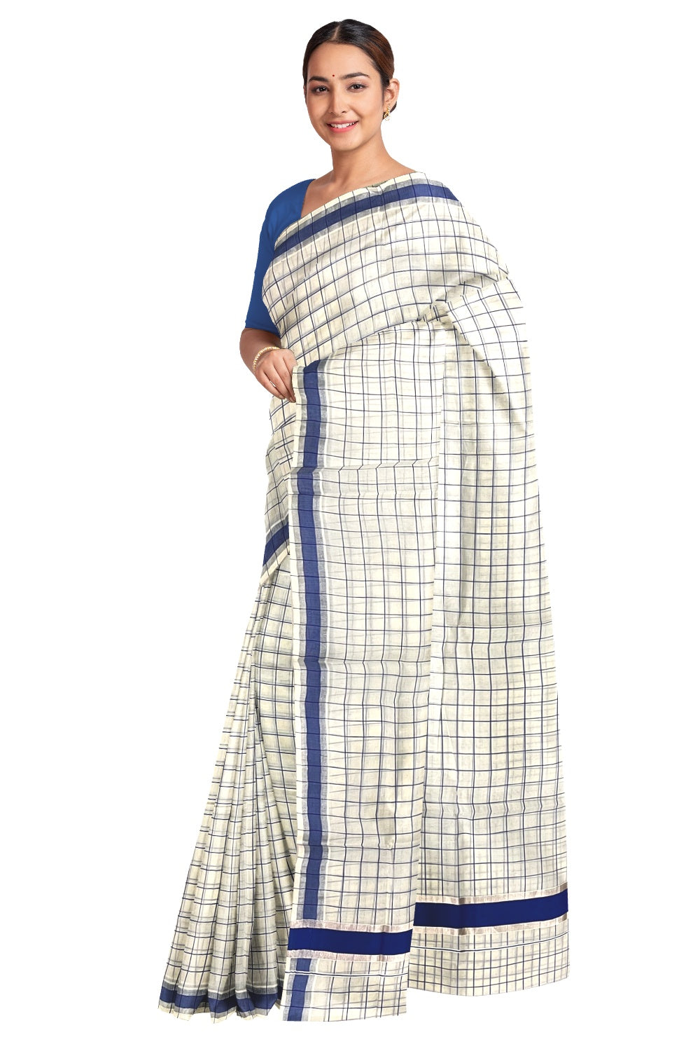 Pure Cotton Kerala Blue Checkered Saree with Silver Kasavu and Blue Border