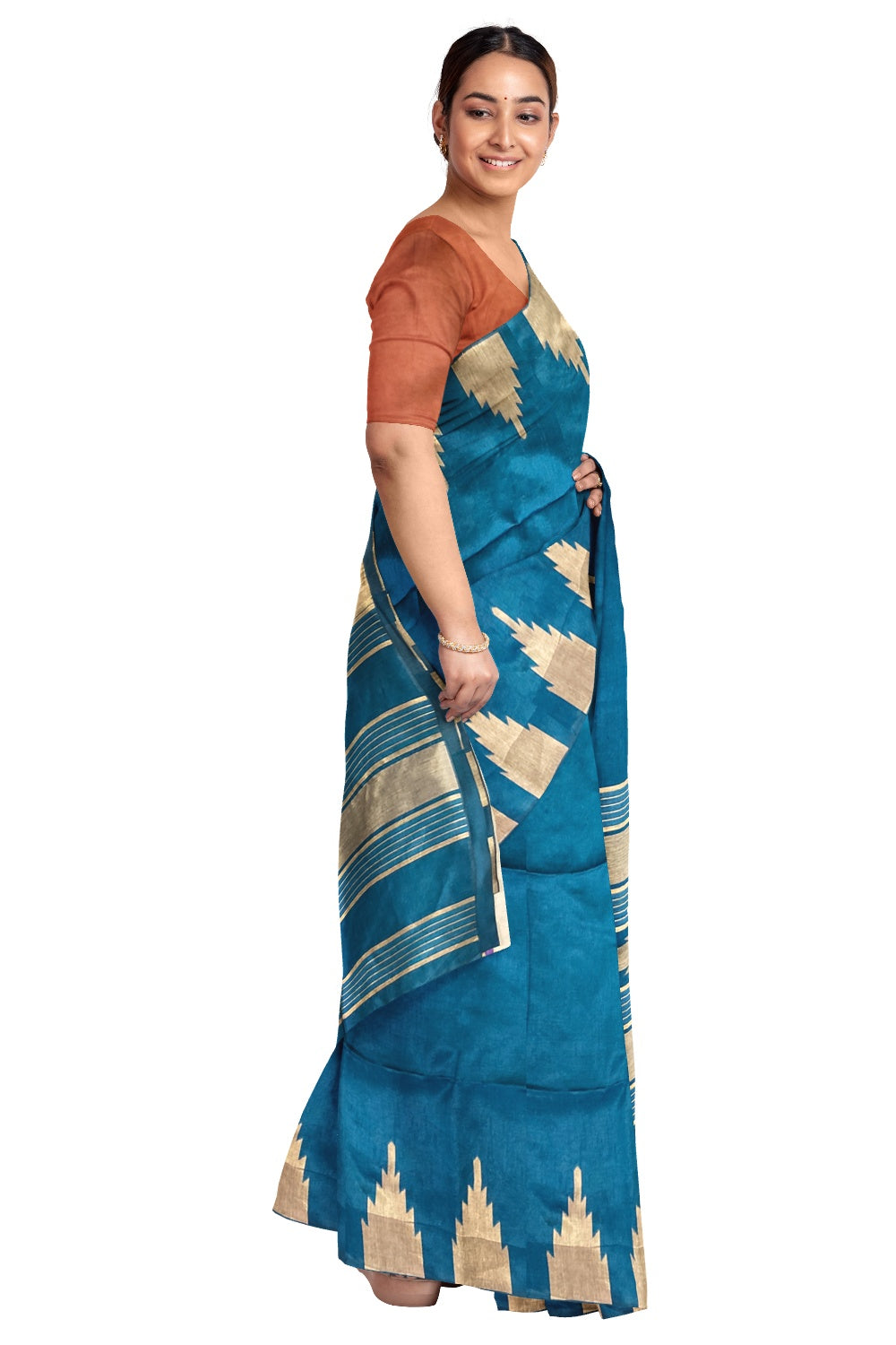 Southloom Semi Tussar Silk Blue Designer Saree with Temple Border