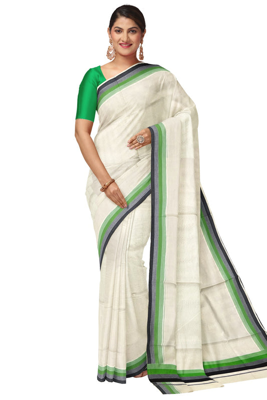 Kerala Cotton Saree with Light Green and Black Lines Border Design