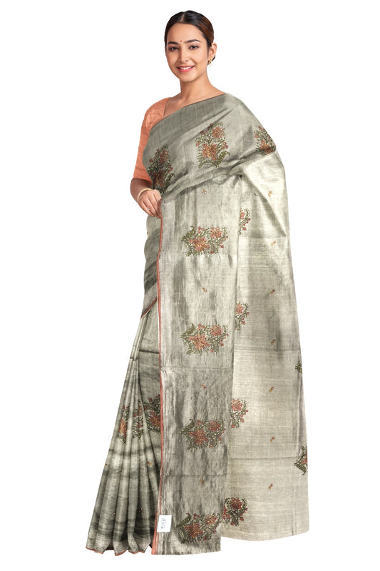 Southloom Manipuri Silk Brownish Grey Designer Saree with Bead work