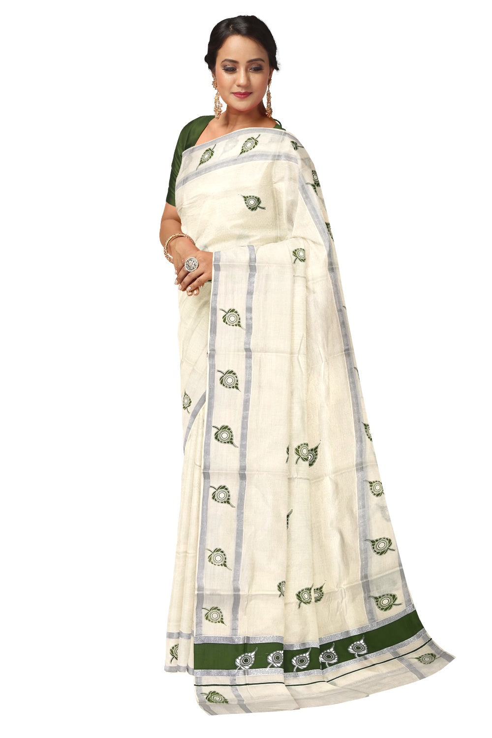 Pure Cotton Kerala Silver Kasavu Saree with White Leaf Block Printed Design in Bottle Green Pallu