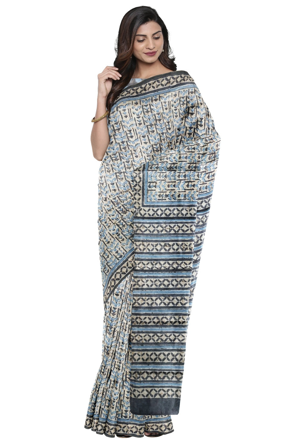 Southloom Blue Cotton Chanderi Printed Designer Saree