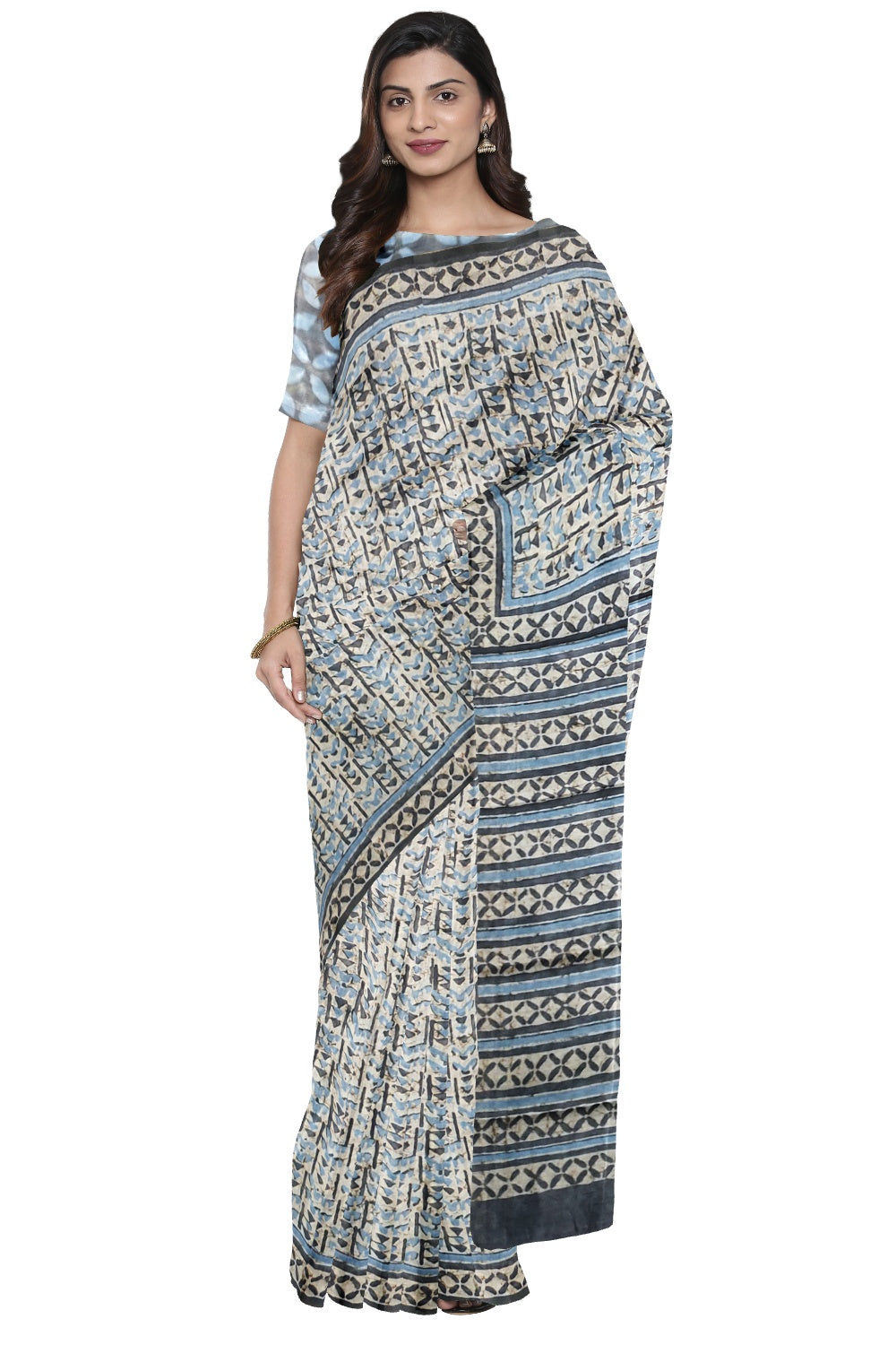 Southloom Blue Cotton Chanderi Printed Designer Saree