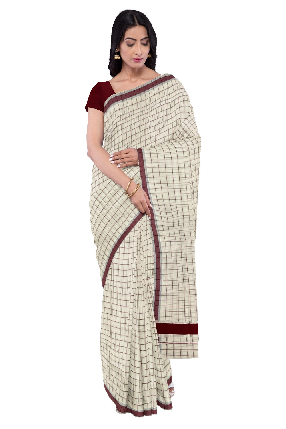 Kerala Silver Kasavu Woven Check Saree with Dark Maroon Border