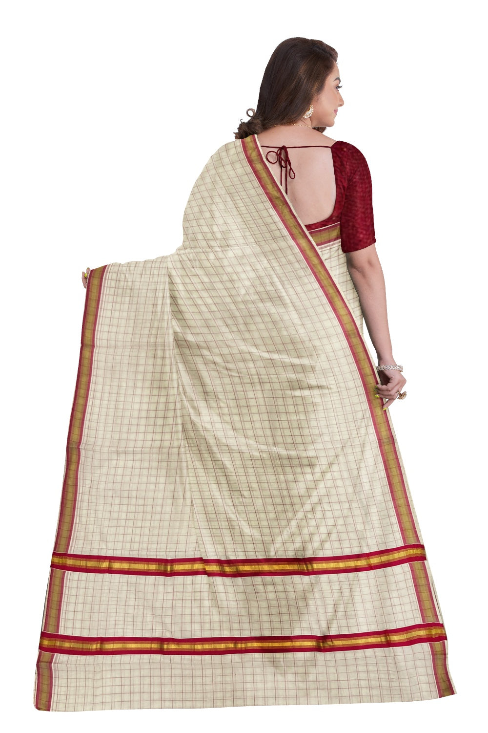 Kerala Kasavu Woven Check Saree with Dark Pink Border