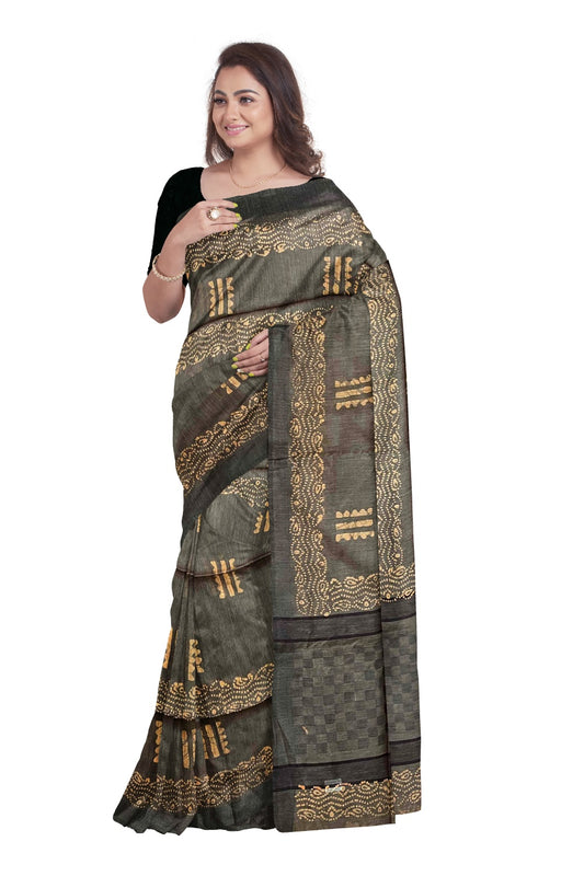 Southloom Cotton Dark Green and Orange Designer Saree with Baswara Print