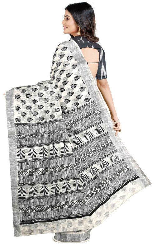 Southloom Linen Designer Saree in Black Prints on White Body with Tassels