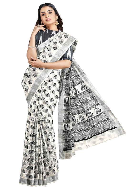 Southloom Linen Designer Saree in Black Prints on White Body with Tassels
