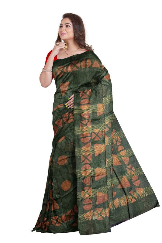 Southloom Cotton Green and Red Designer Saree with Baswara Print