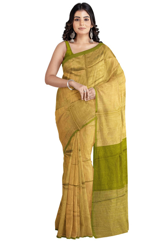 Southloom Kosa Pastel Yellow Saree with Olive Green Designer Pallu
