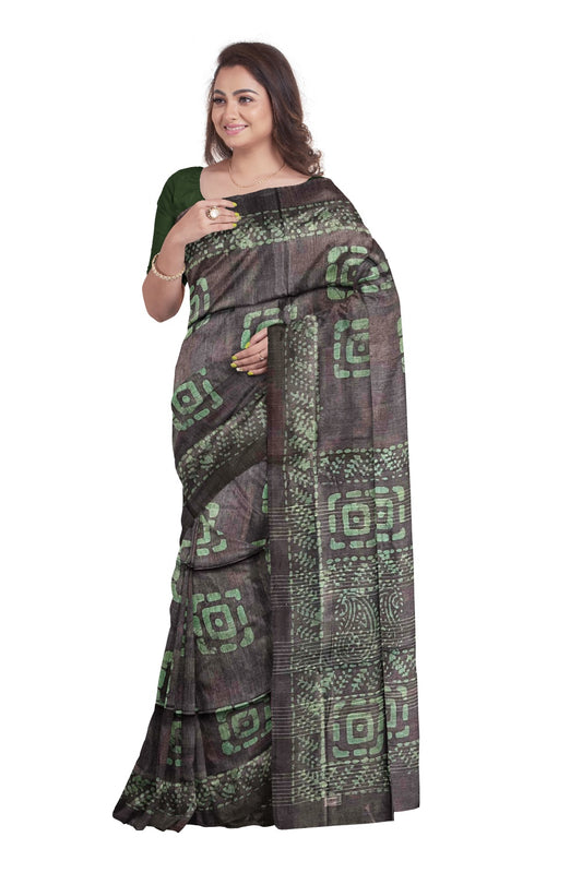 Southloom Cotton Greyish Blue and Green Designer Saree with Baswara Print