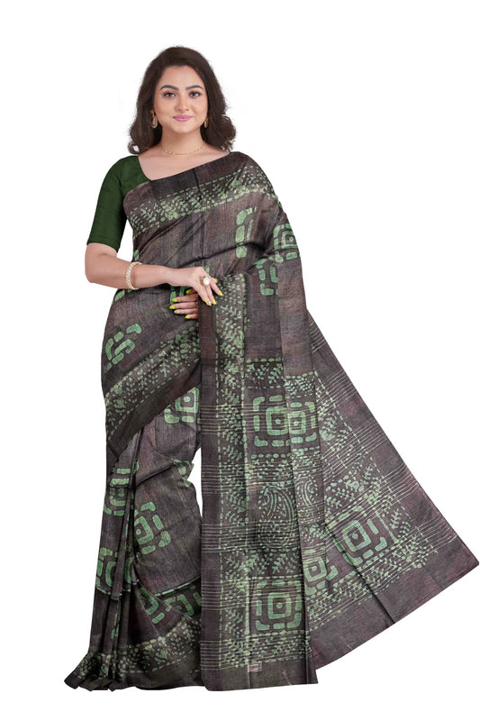 Southloom Cotton Greyish Blue and Green Designer Saree with Baswara Print