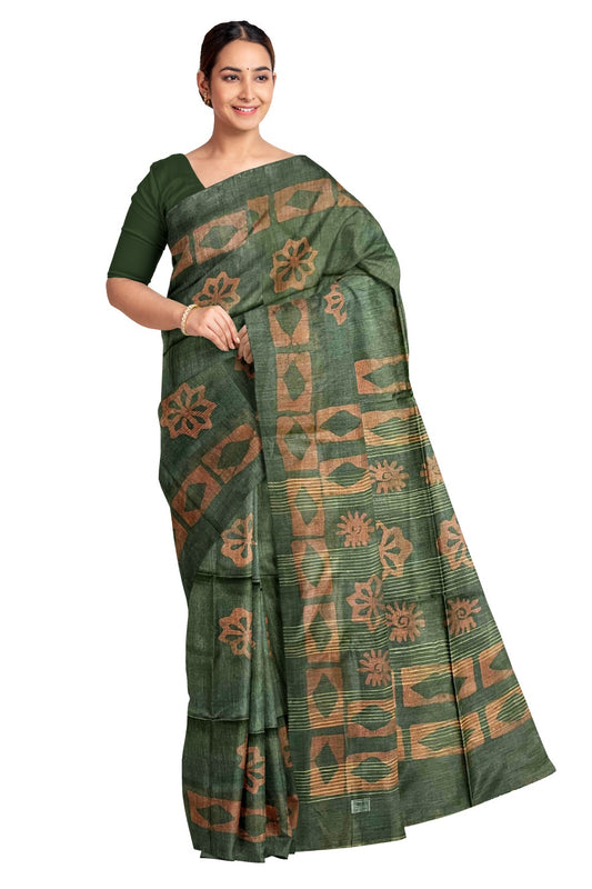 Southloom Cotton Dark Green and Red Designer Saree with Baswara Print