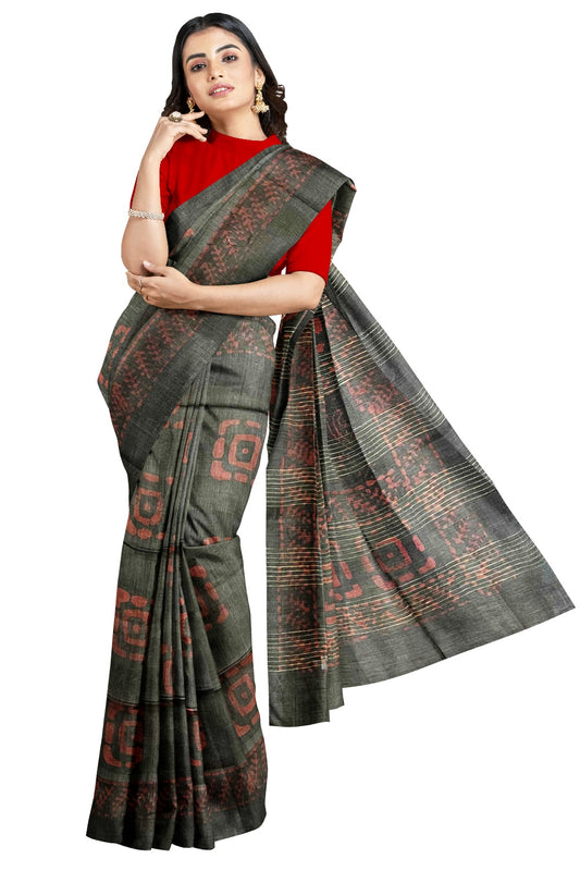 Southloom Cotton Dark Green and Red Designer Saree with Baswara Print
