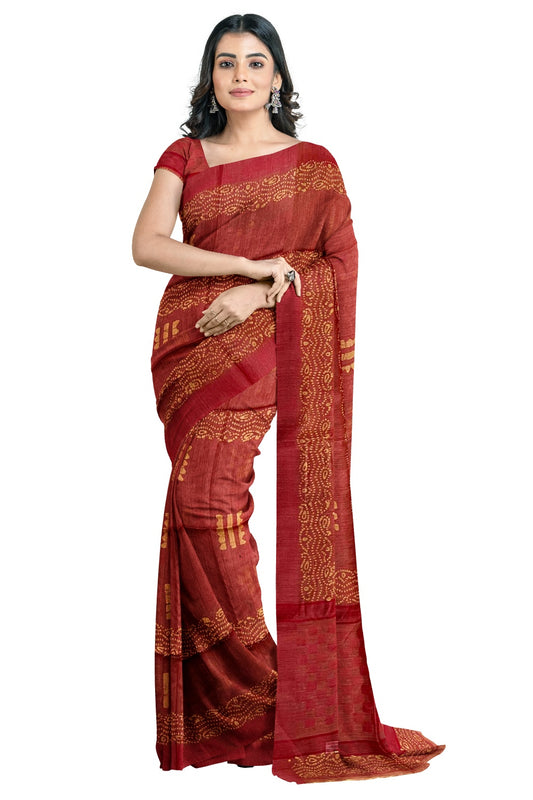 Southloom Cotton Red and Yellow Designer Saree with Baswara Print