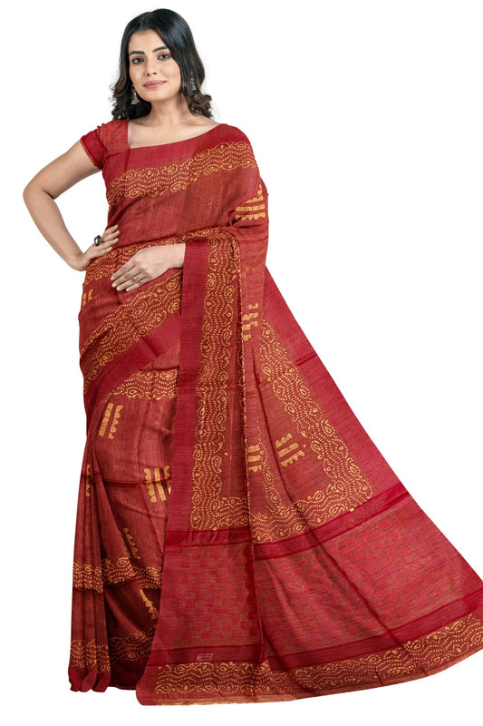 Southloom Cotton Red and Yellow Designer Saree with Baswara Print