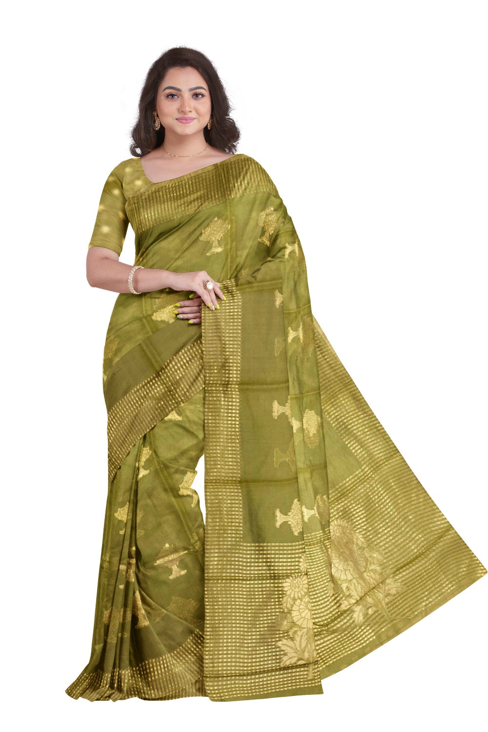 Southloom Olive Green Cotton Designer Saree with Floral work