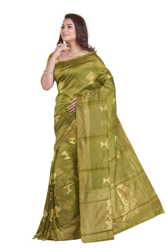 Southloom Olive Green Cotton Designer Saree with Floral work