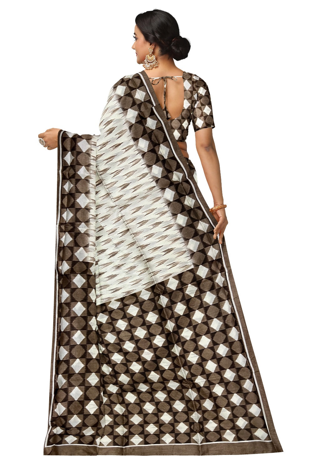 Southloom White and Brown Semi Tussar Designer Saree with Tassels