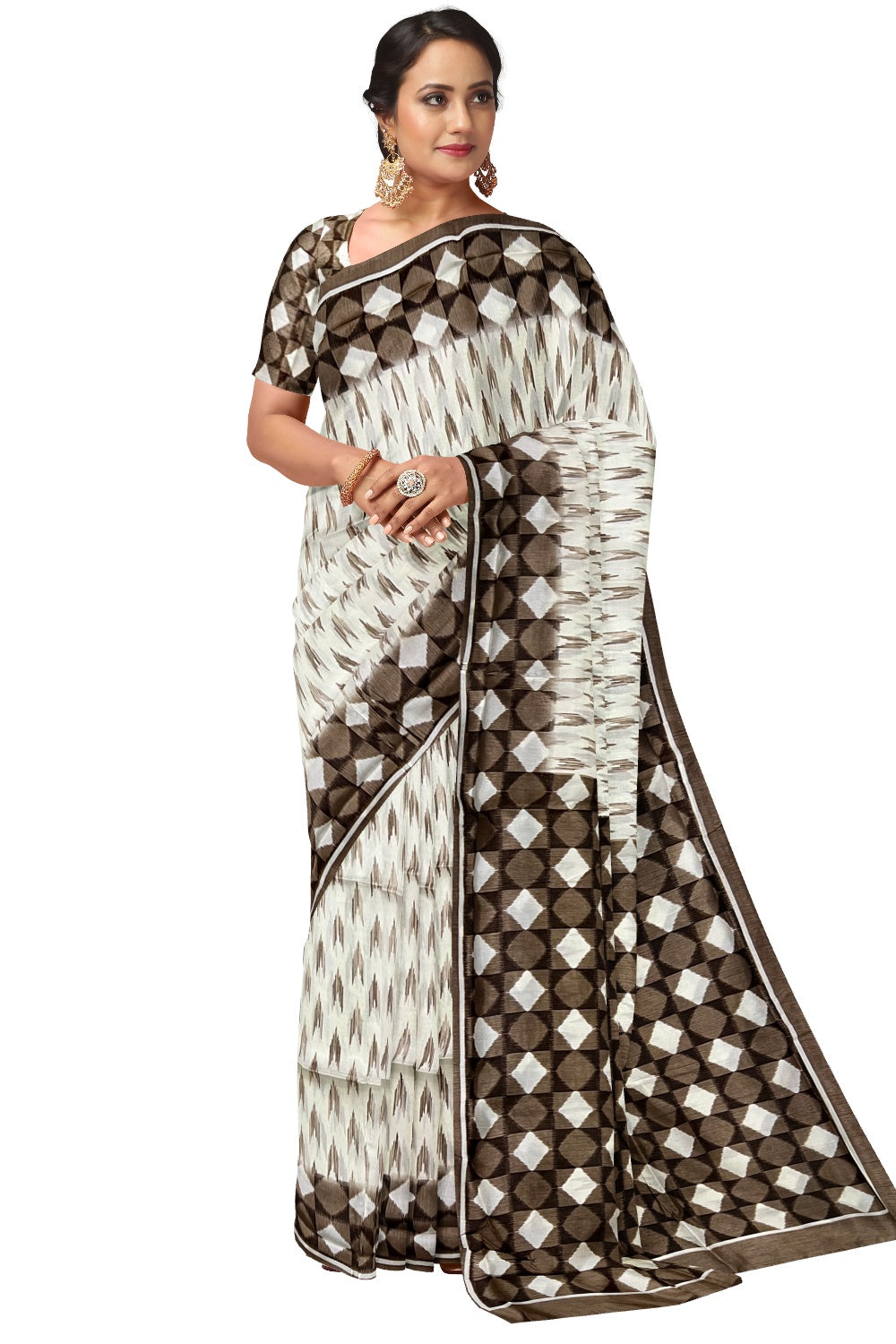 Southloom White and Brown Semi Tussar Designer Saree with Tassels