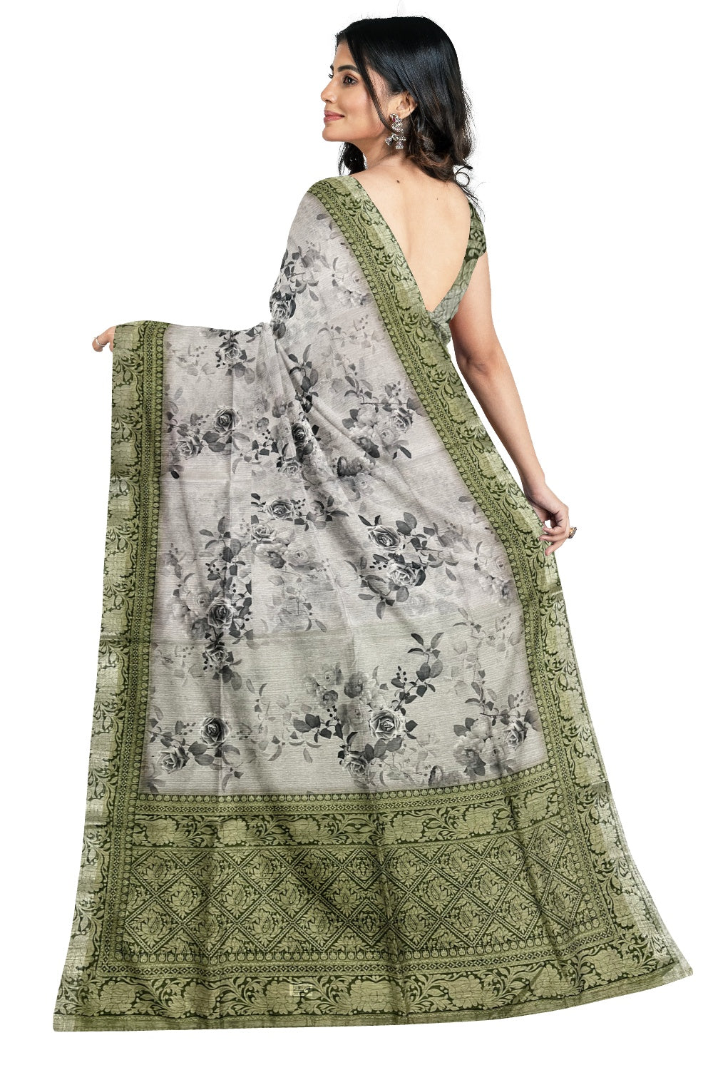 Southloom Art Silk Grey Floral Printed Designer Saree with Green Pallu