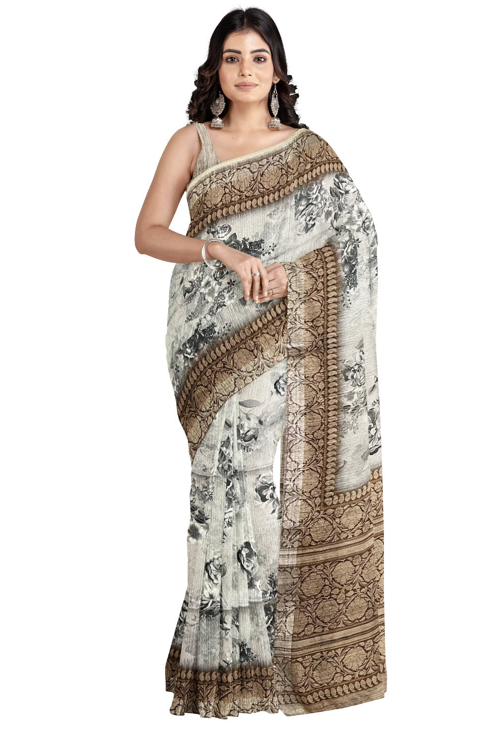 Southloom Art Silk Grey Floral Printed Designer Saree with Brown Pallu